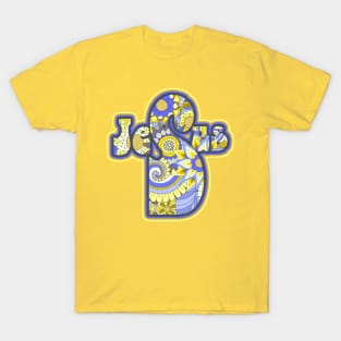 Blue Floral Jesus Cross Art T-Shirt